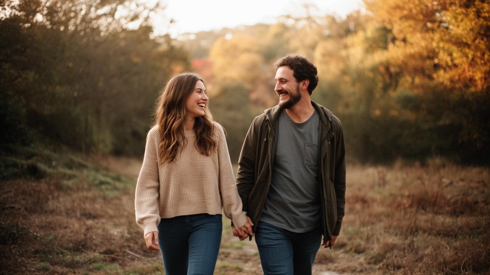 Couple de parents souriants marchant ensemble dans la nature